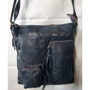 Estalon Purse Dark Blue Leather Top Zip Crossbody Outside Pockets‎ Boho Artsy